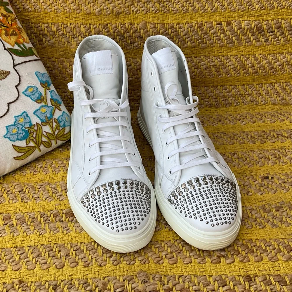 Men’s Gucci White Leather Studded High Top Sneaker Size 15 AUTHENTIC
